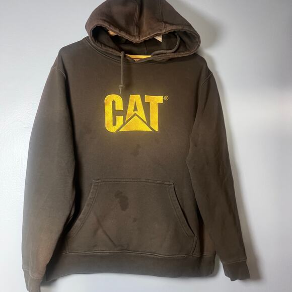 CAT Caterpillar Hoodie XL Brown Workwear Distressed Stains Heavyweight Pullover - Picture 1 of 14